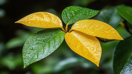 Obraz premium Vibrant Yellow and Green Dew-Kissed Leaves