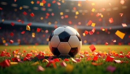 Fototapeta premium Football victory celebration in stadium. Confetti falls over soccer ball on pitch. Celebrating team players. EM European Championship 2024. Patriotic colors. Germany as winner. Exciting match moment.