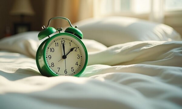 Green alarm clock on white bedding shows almost 2 oclock