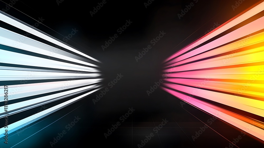 Poster abstract light streaks converging in the center, creating a vibrant, dynamic composition on a dark b