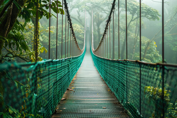 Bridge over a forest with a green canopy.