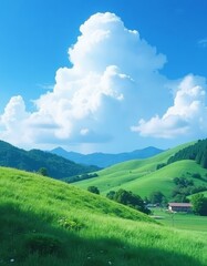 Fototapeta premium Green hills under bright blue sky with clouds.