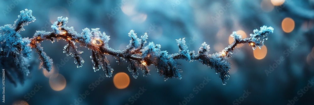 Poster frosty winter branch with bokeh lights.