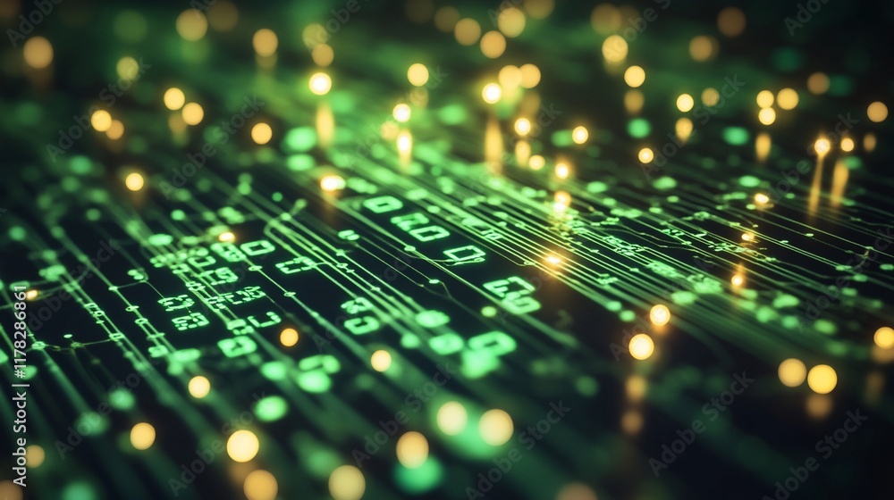 Aufkleber abstract green digital circuit board with glowing nodes.