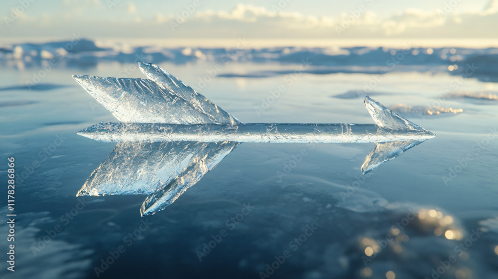 Poster a shimmering arrow carved from ice, floating above a frozen lake, with reflections capturing the sur