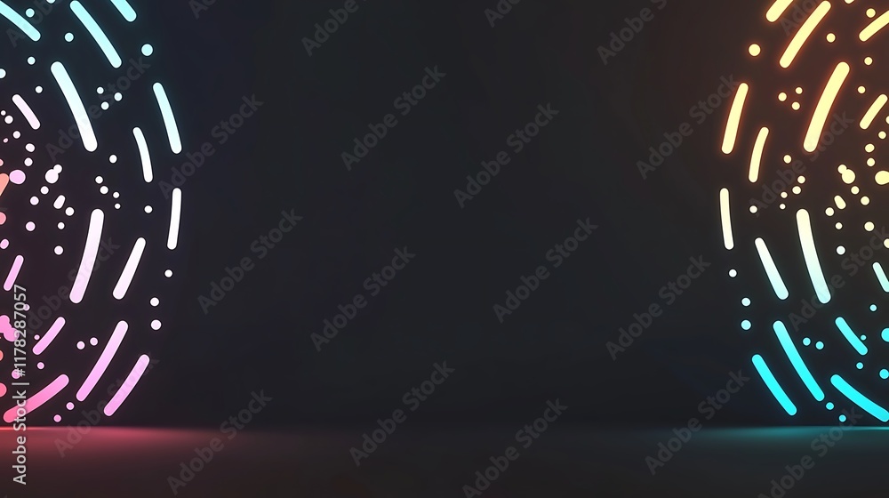 Poster abstract neon light circles on dark background with copy space.