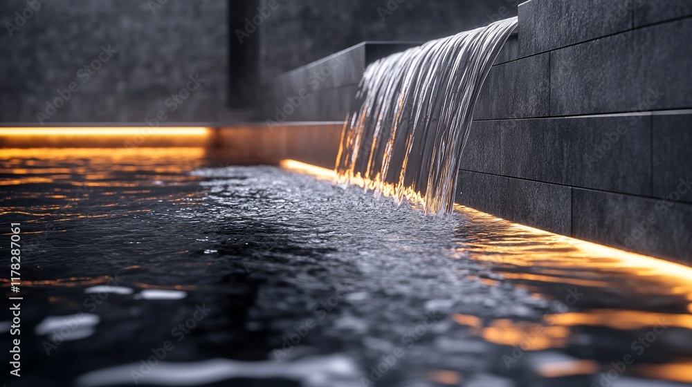 Aufkleber illuminated water feature cascades into a dark pool.