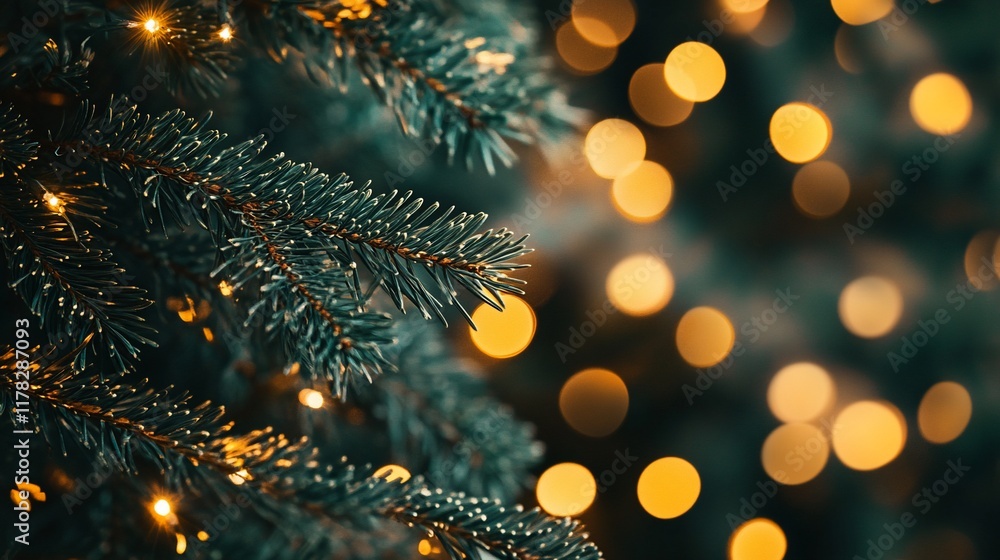 Leinwandbilder close-up of a frosted christmas tree branch with warm bokeh lights in the background.