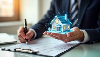 Real estate agent holds 3d model house in hands. Person signs mortgage contract document. Futuristic business concept. Meeting in real estate agency. Concept of new home buying. Modern tech used in