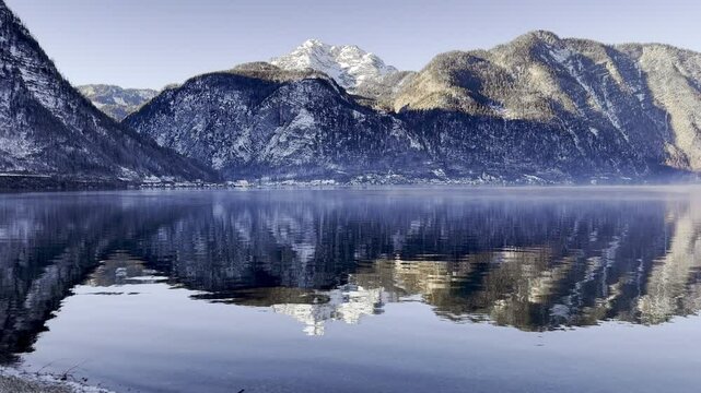 snowy mountains range lake in the morning