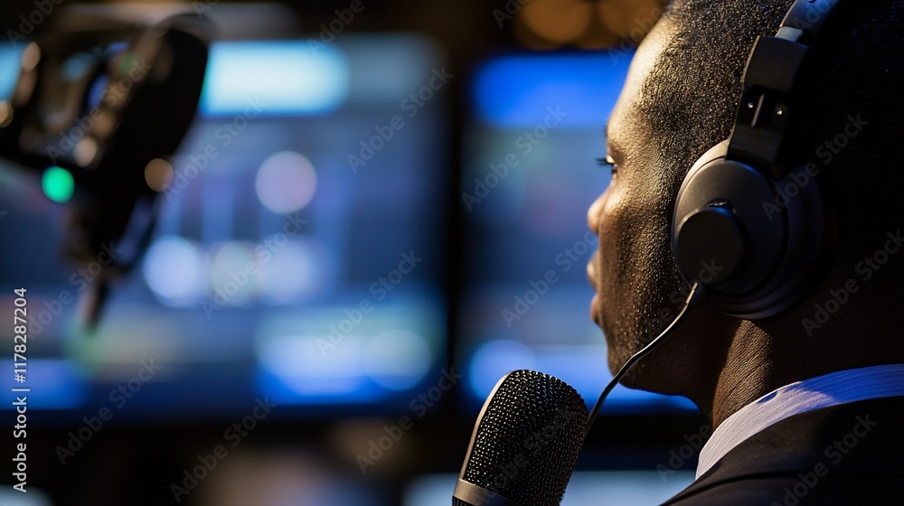 Poster a man in headphones speaks into a microphone, focused on computer screens.