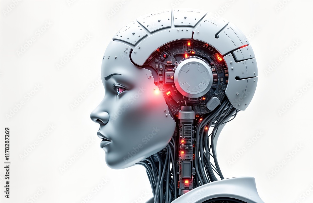 Poster Futuristic robot head displays advanced tech. Womanlike robot head. Internal tech visible. Innovation in design. AI future concept. Illustration for global concept network. Isolated on transparent