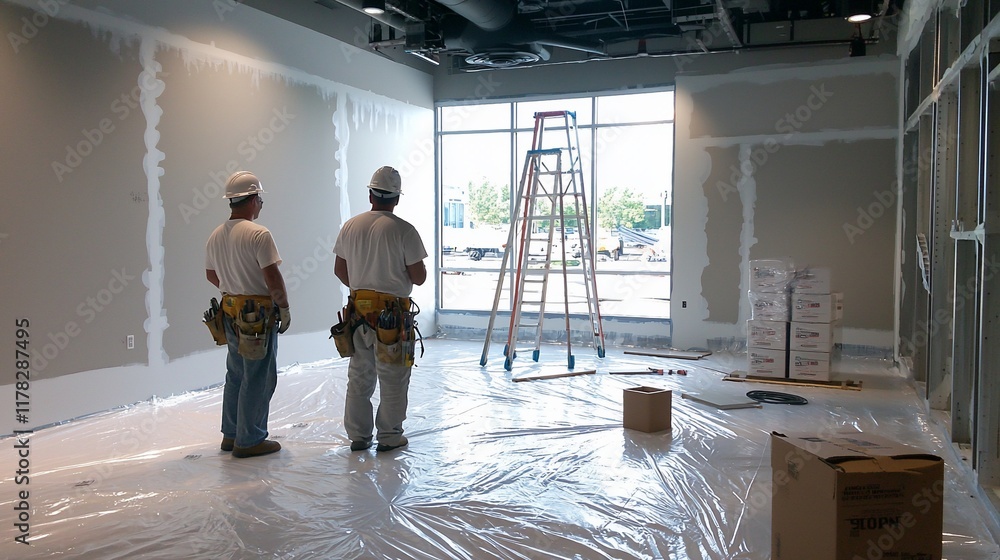 Poster two construction workers in hard hats assess progress in an unfinished room, materials and a ladder 