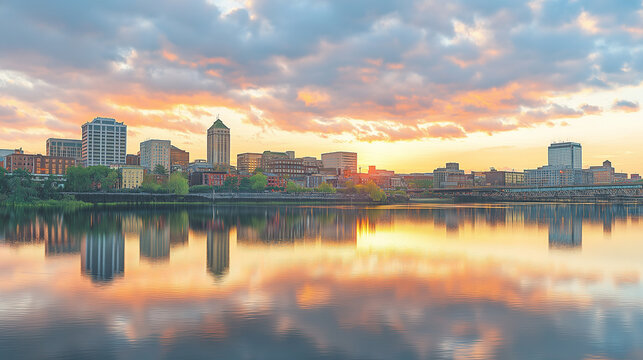 Panorama of Wilmington, Delaware at sunset, modern buildings and skyscrapers, the waterfront in the foreground
