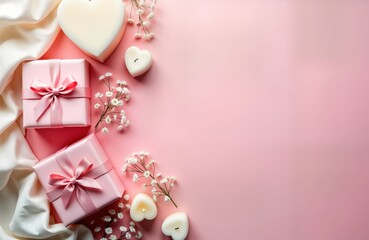 Pink gift boxes with bows lay on pastel pink background. Heart shaped candles, gypsophila flowers decorate scene. Soft white scarf placed at left side. Romantic scene perfect for St Valentines Day