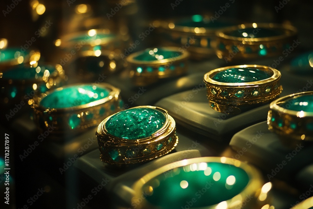 Poster close-up of numerous emerald rings displayed on stands, showcasing their intricate gold settings and