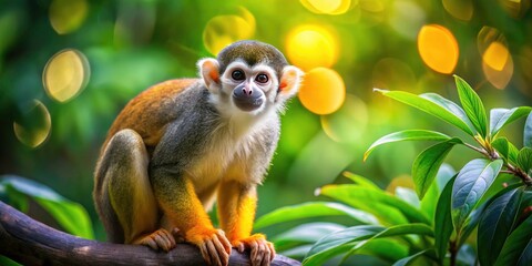 Obraz premium Common Squirrel Monkey in Tree, Bokeh Photography, Wildlife Photo, Amazon Rainforest, Primate, Saimiri Sciureus, Cute Monkey, Nature Photography, Animal Portrait, Blurred Background