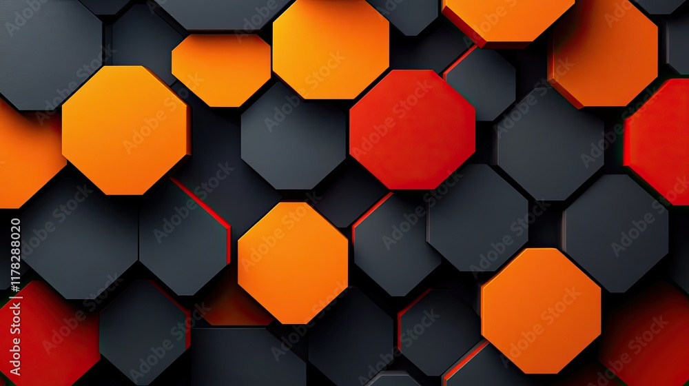 Poster colorful hexagonal patterns create a vibrant abstract design with shades of orange and black in a mo