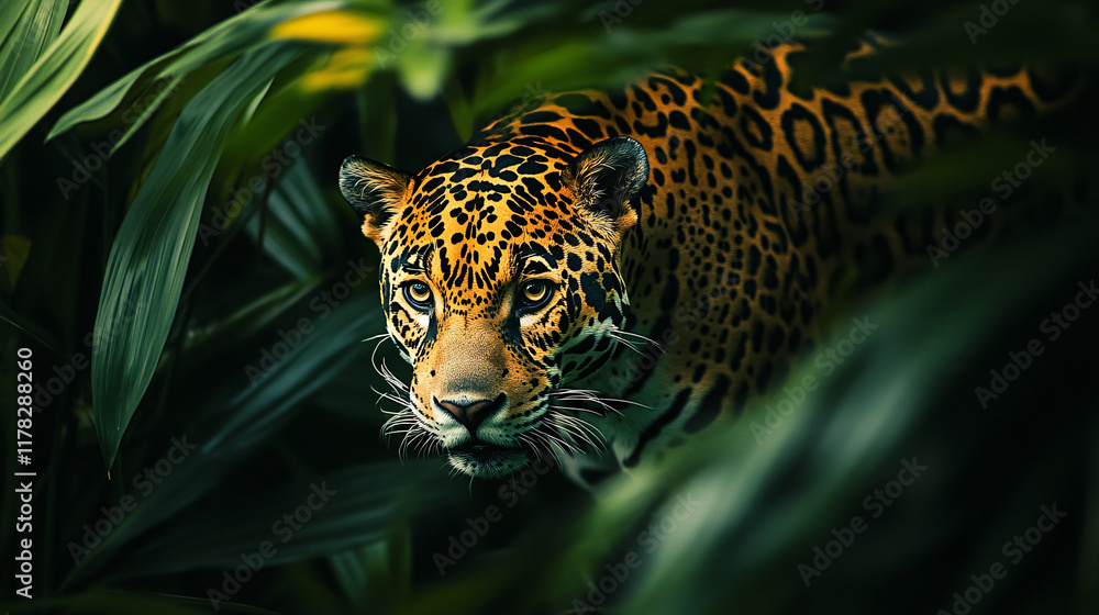 Poster a sleek jaguar prowling through a dense jungle, its body dissolving into patterns of leaves and shad