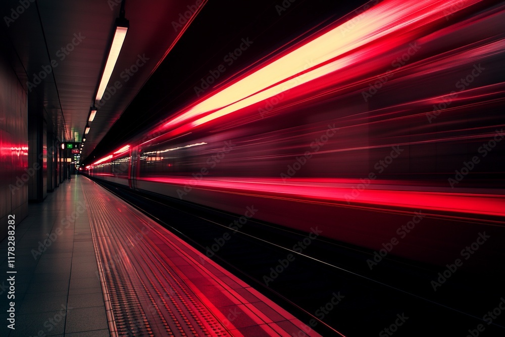 Poster red light streaks illuminate a speeding train in a dark subway station.