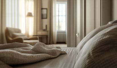 Close-up of neatly made bed with pillows and blanket in a sunlit bedroom.