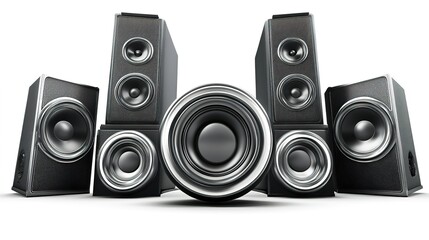 Audio-related images featuring various sound equipment, such as speakers, microphones, headphones, and sound waves, isolated on a white background. Perfect for music, entertainment, podcast,