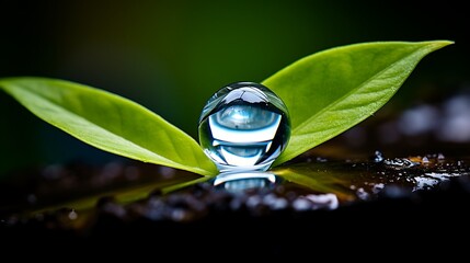 Water drop balancing on green leaves reflecting the sky