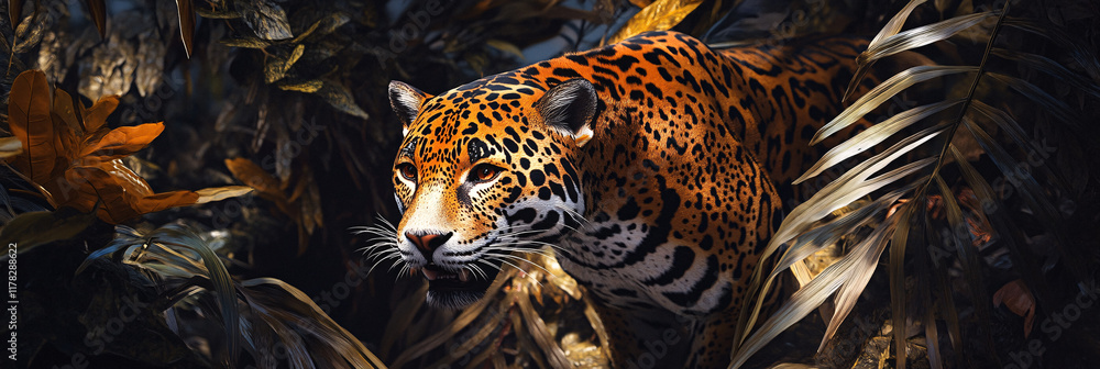 Poster a sleek jaguar prowling through a dense jungle, its body dissolving into patterns of leaves and shad