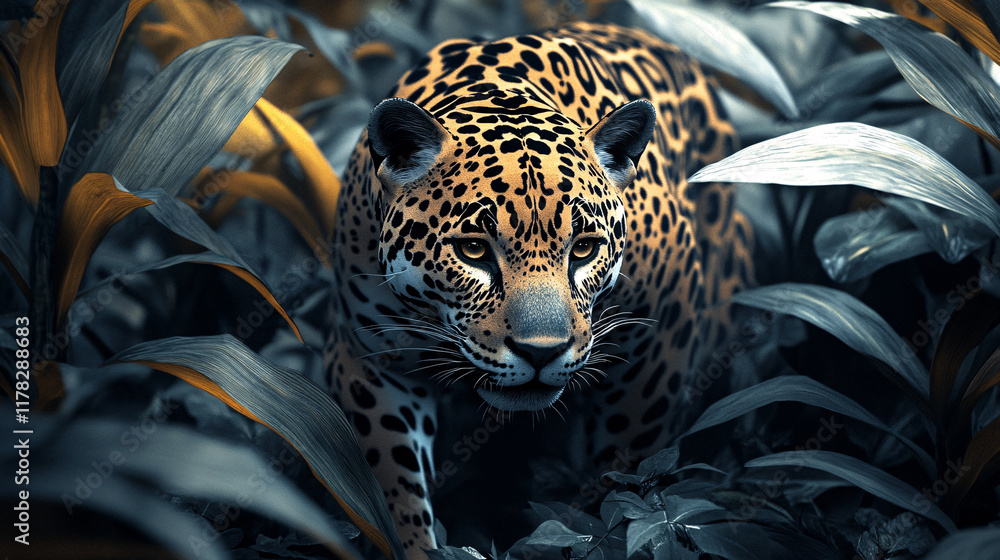 Poster a sleek jaguar prowling through a dense jungle, its body dissolving into patterns of leaves and shad