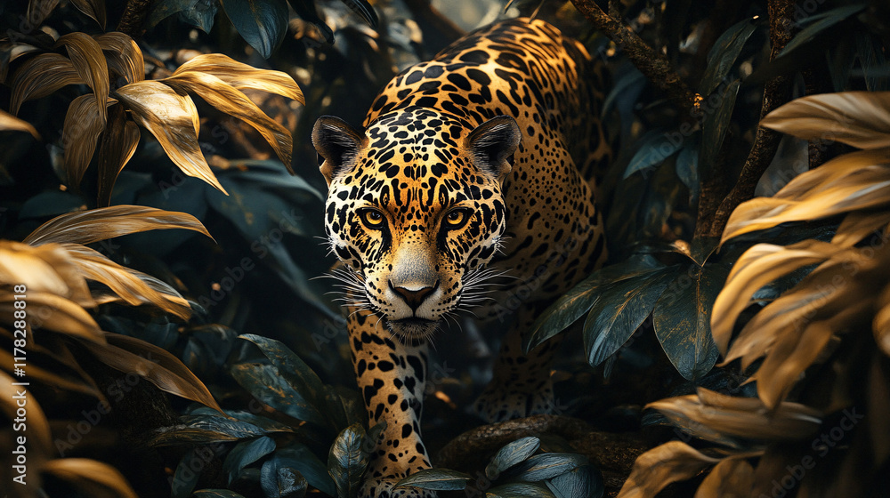 Poster a sleek jaguar prowling through a dense jungle, its body dissolving into patterns of leaves and shad