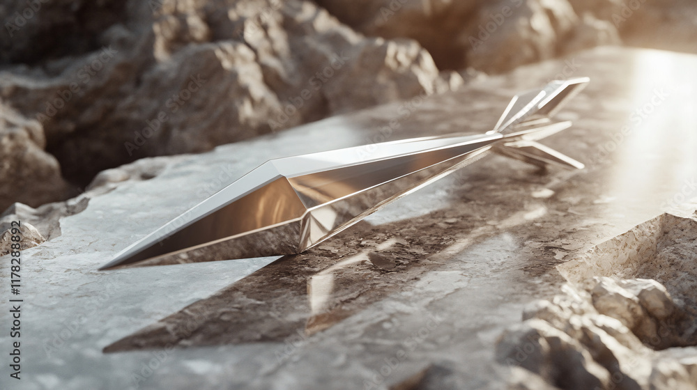 Poster a sleek, metallic arrow embedded in a smooth marble surface, with futuristic light reflections symbo