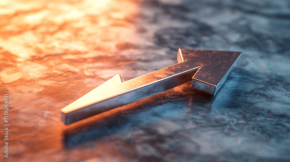 Poster a sleek, metallic arrow embedded in a smooth marble surface, with futuristic light reflections symbo