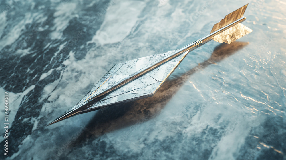 Poster a sleek, metallic arrow embedded in a smooth marble surface, with futuristic light reflections symbo