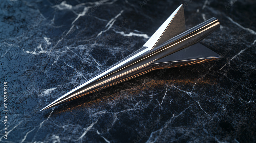 Poster a sleek, metallic arrow embedded in a smooth marble surface, with futuristic light reflections symbo