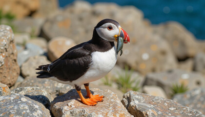 Puffin standing on rocks holding fish against coastal background