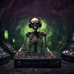Skeleton DJ mixes tracks in a spooky underground venue surrounded by old equipment and eerie lighting