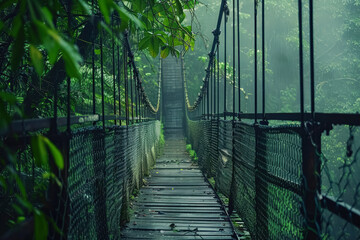 Bridge over a forest with a green canopy.