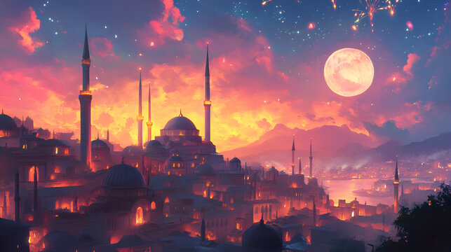 Beautiful Eid victory celebration poster featuring crescent moon, lanterns, and vibrant patterns