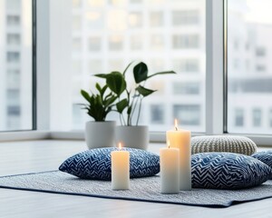 A serene indoor space featuring candles, decorative pillows, and a plant, illuminated by natural light from large windows.