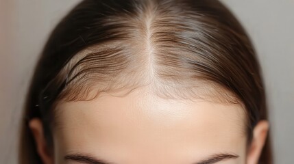 Fototapeta premium Before and after head shot of a young woman with a receding hairline on her forehead and parting. Baldness. Close-up, front view. Hair care and treatment concept. Hair loss, hair transplant, alopecia