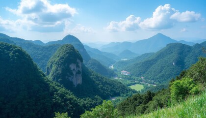 Fototapeta premium Mountainous landscape with building and green field below blue sky