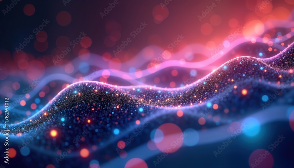 Aufkleber Futuristic digital waves of glowing data points. Abstract tech background with vibrant colors. Dynamic, innovative concept for modern tech presentations websites. Shows modern digital communication.