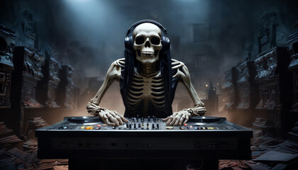 Skeleton DJ performs in an underground music venue filled with speakers and a mysterious atmosphere