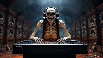 Skeleton DJ performing at a vibrant underground party with loud music and colorful lights