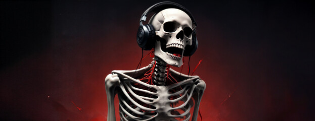 Skeleton enjoying music with headphones in a dark, vibrant setting