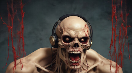 Skeleton with headphones screams in front of a dark background with splattered blood