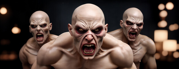 Disturbing figures in an eerie display evoke fear and tension in a dark setting