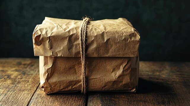 Wrapped package resting on a rustic wooden table in a dimly lit environment