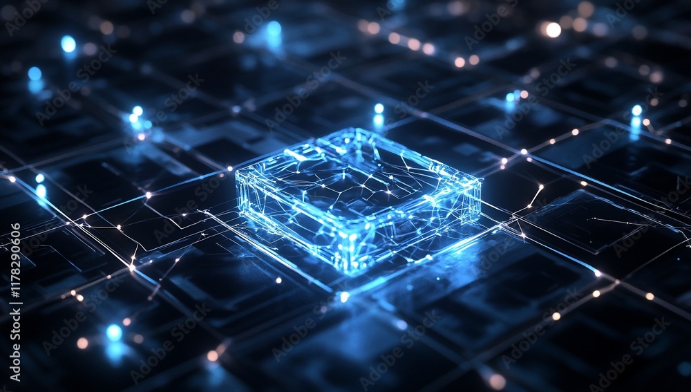 Aufkleber Glowing blue cube on a circuit board, representing digital technology and data processing.