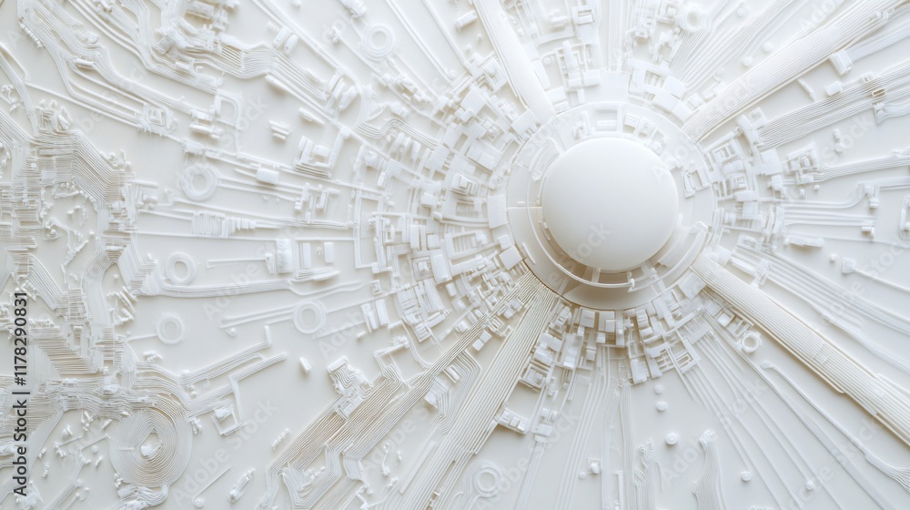 Poster abstract white futuristic circular design with intricate details.